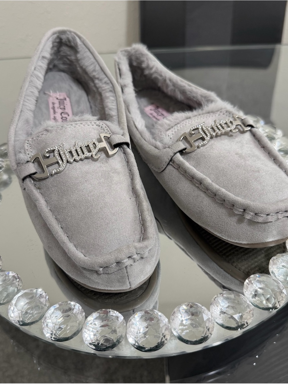 Juicy Couture Gray Suede Moccasin Slippers with Logo Hardware